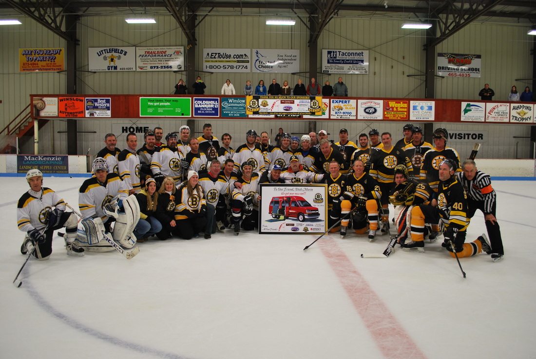 The Bruins Alumni played a game on Sat at Sukee Arena in Winslow Me. to raise money to buy Dick Morin, a disabled vet, a new van.  He's in the team photo in the wheelchair and dropping the puck. 